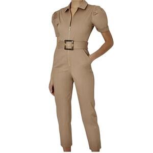 WeWoreWhat small belted puff sleeve zip front jumpsuit P 2803